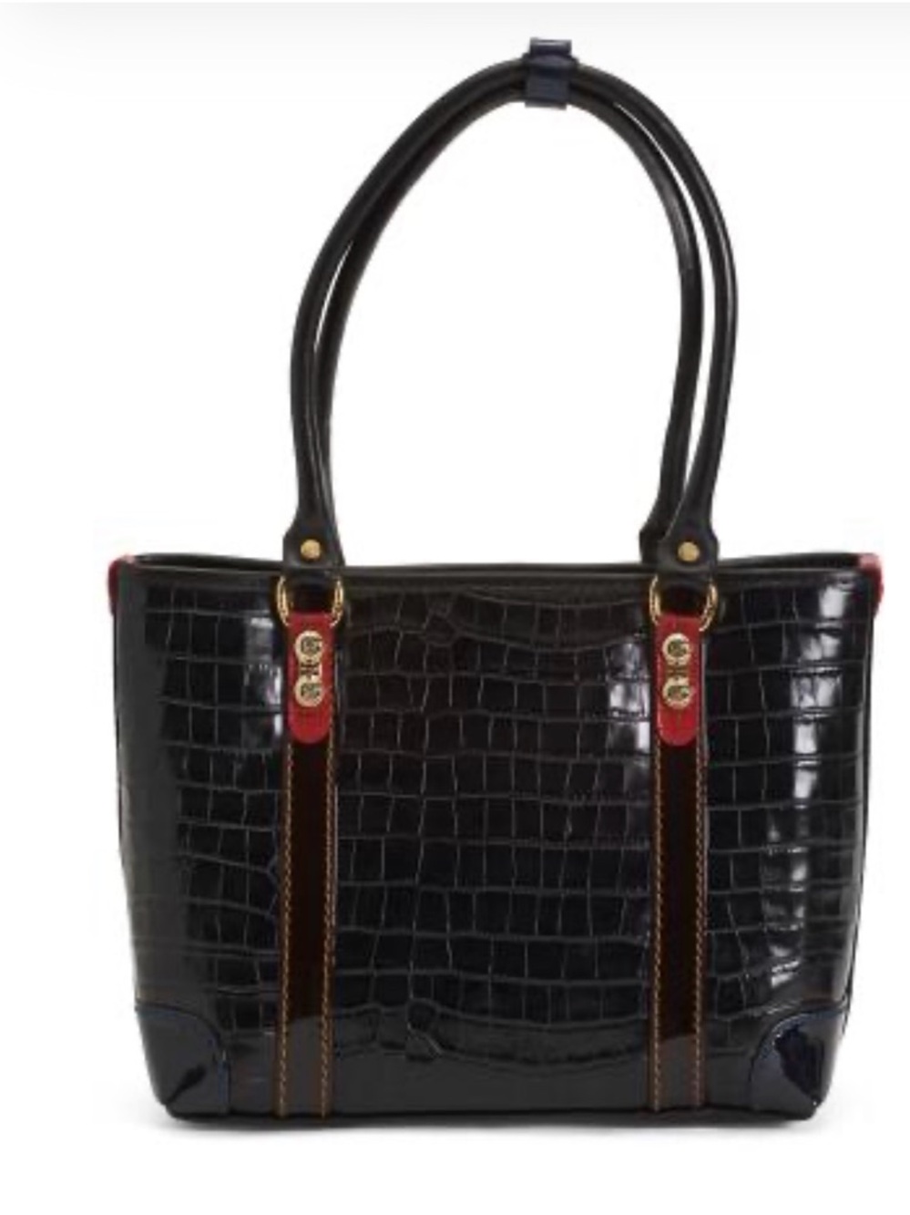 Marino Orlando Black Croc-Embossed Tote Bag with Red Accents Italian